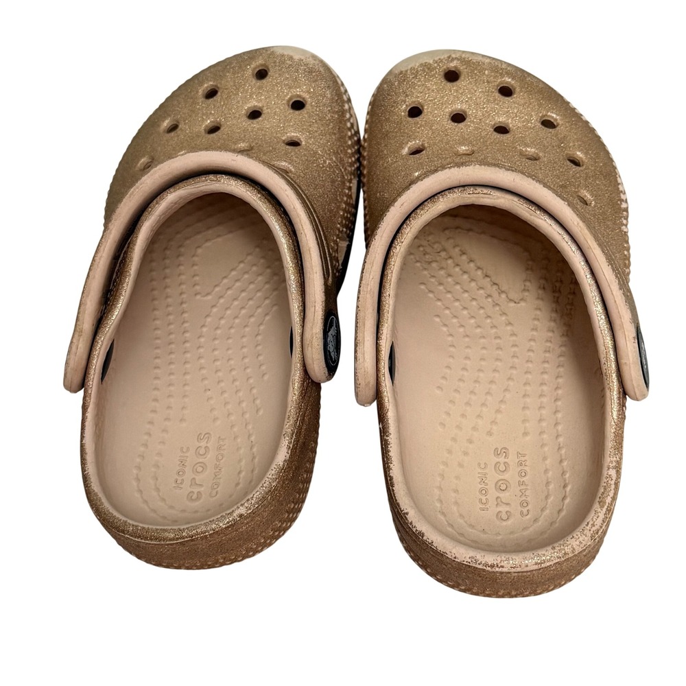 Crocs Classic Clog Kids Gold Glitter Metallic Sparkly Slip On Sandals Size C8 - Picture 4 of 6